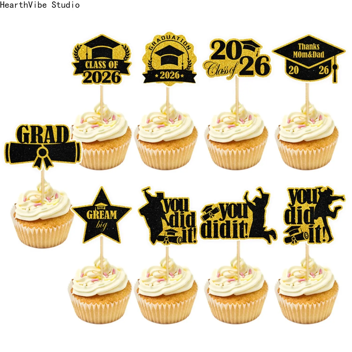 3-Tier Cardboard Cupcake Stand for 2026 Graduation, Black and Gold Glitter Dessert Display Set with Toppers, Party Decor, Cupcake Display Set, Cardboard Tiers, Glitter Tops, Glittered, Tabletop Decor, Three-Tier