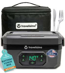 TRAVELISIMO Cordless Electric Lunch Box 1.6L Battery-Powered Portable Food Warmer with Smart Timer & Precise Temp Control for Adults - Set, Tableware