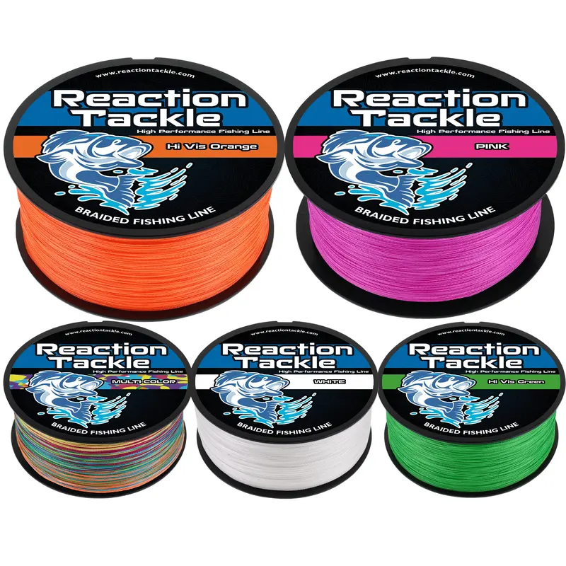 Braided Fishing Line 6-100lb - Reaction Tackle X4 Strand High Visibility Braid, Zero Stretch, Abrasion Resistant, 150-3000yd Bulk Spools - Hi-Vis Green, Hi-Vis Orange, Multi-Color, Pink, White for Catfish, Carp, Striper