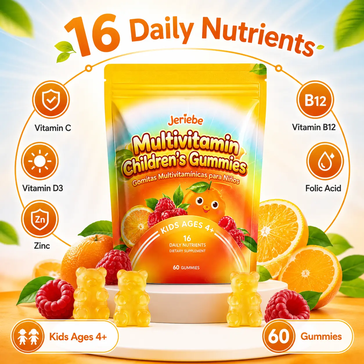 Jeriebe Kids Multivitamin Gummies, Gomitas Multivitaminicas Para Niños 4+, Vitamin C D3 Zinc B12 Folic Acid Ácido Fólico, Immune & Growth Support, Hair Skin Nails, Natural Fruit Flavor Chewable Supplement 60 Count