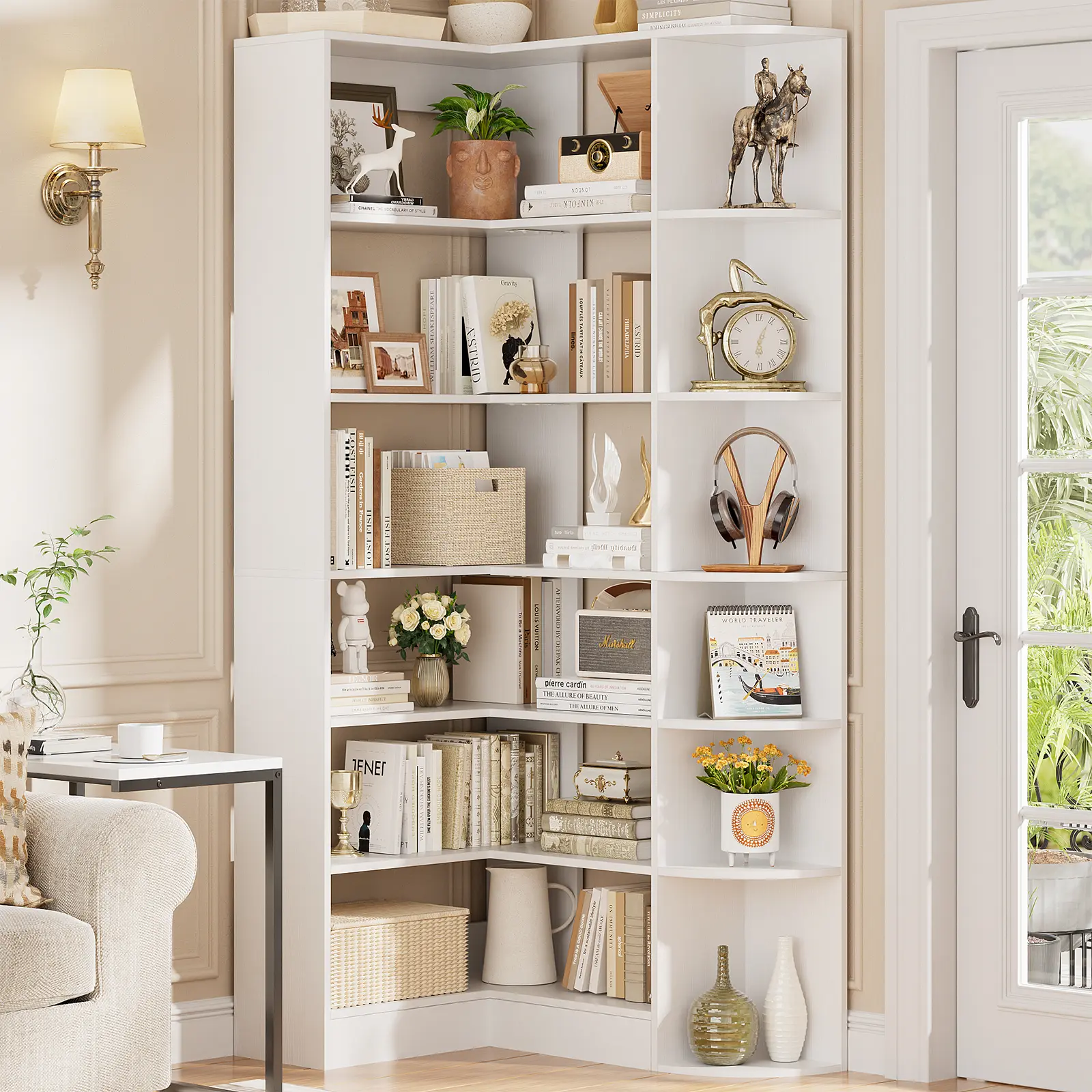 Corner Shelf 7 Tiers Large Tall Corner Bookshelves with Baffle, 71" L-Shaped Bookshelf Etagere Bookcase for Bedroom, Home Office, Living Room & Kitchen