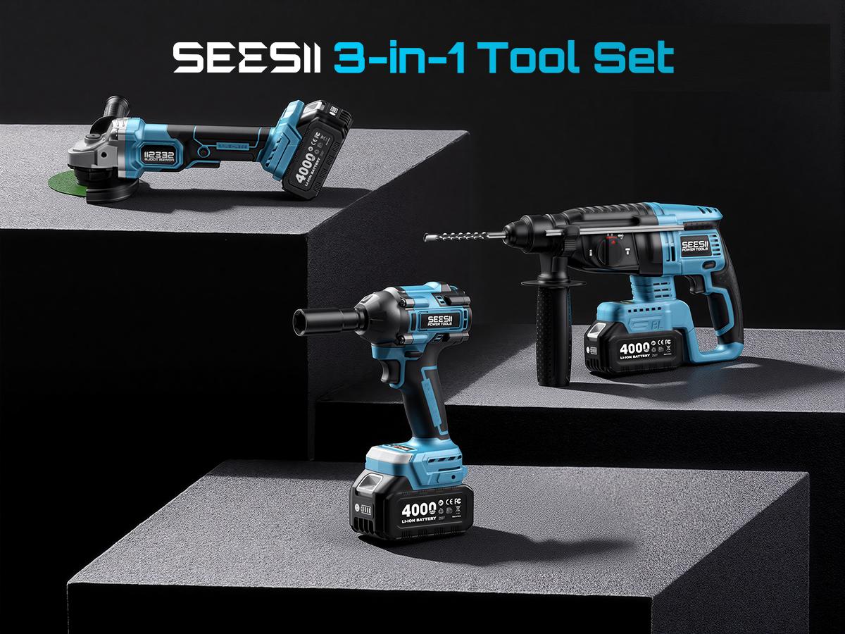 SEESII 3-in-1 Cordless Power Tool Set: Electric Rotary Hammer, Cordless Angle Grinder & Brushless Impact Wrench - Heavy Duty Combo Kit with 2x 4.0Ah Batteries for Construction, Automotive Repair & Metal Fabrication, 3ML SEESII 3-in-1 Cordless Power Tool Set: Electric Rotary Hammer, Cordless Angle Grinder & Brushless Impact Wrench - Heavy Duty Combo Kit with 2x 4.0Ah Batteries for Construction, Automotive Repair & Metal Fabrication, 3ML