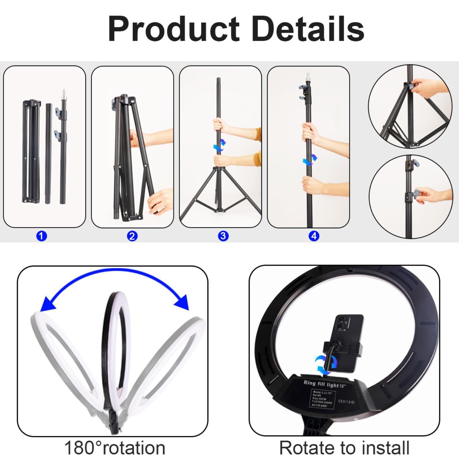 18 Inch RGB LED Ring Light with 70" Aluminum Alloy Tripod, with 1 selfie remote/3 Phone Clips/1 USB Ports, 3200-6500K Dimmable Fill Light Compatible with iPhone for Volg, Selfie Makeup, Lash Studio, Streaming Video, Recording Lighting#Spring Break