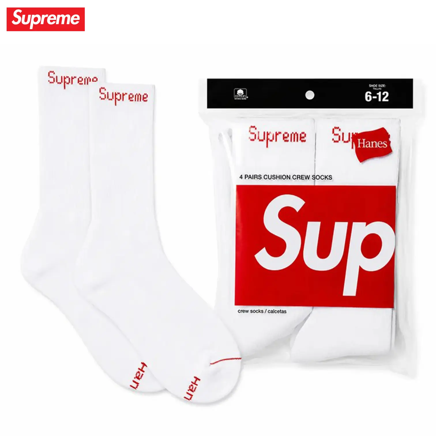 Supreme Hanes Crew Socks 4 Pack White & Black Cotton Blend Cushion Crew Socks, Classic Logo Athletic Streetwear Everyday Comfort Unisex Shoe Size 6-12