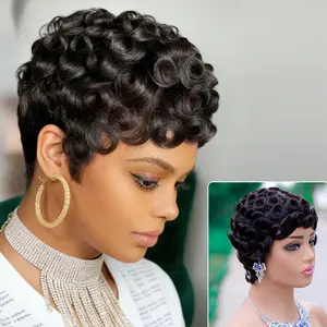 Short Wavy Curly Human Hair Wig Head Cover Fashionable Elf Machine-Made Full Head Wig Cover With Bangs Easy To Care For Daily Holiday And Date Outfits