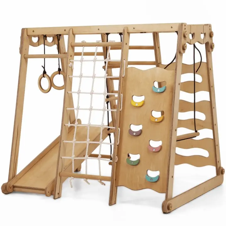 Montessori 6-in-1 Wooden Indoor Jungle Gym for Toddlers - Foldable Playground Playset with Swing, Slide, Rope & Climbing Net