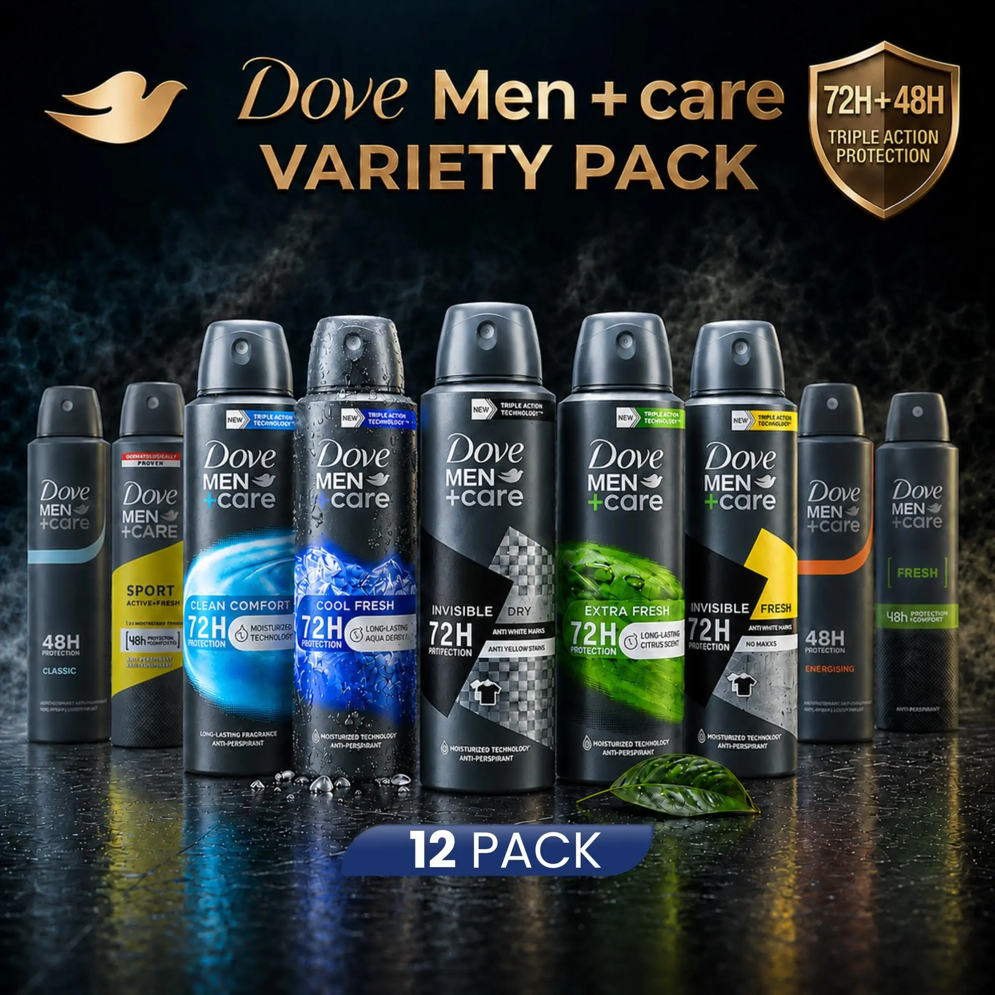 Dove Men+Care Antiperspirant Deodorant Spray Variety Pack 12 Pack (150ml/5oz) - 72H Triple Action Protection, Long-Lasting Sweat Defense, Moisturizes Underarms, Mixed Scents (Clean Comfort, Extra Cool Fresh & More) Men's Body Spray