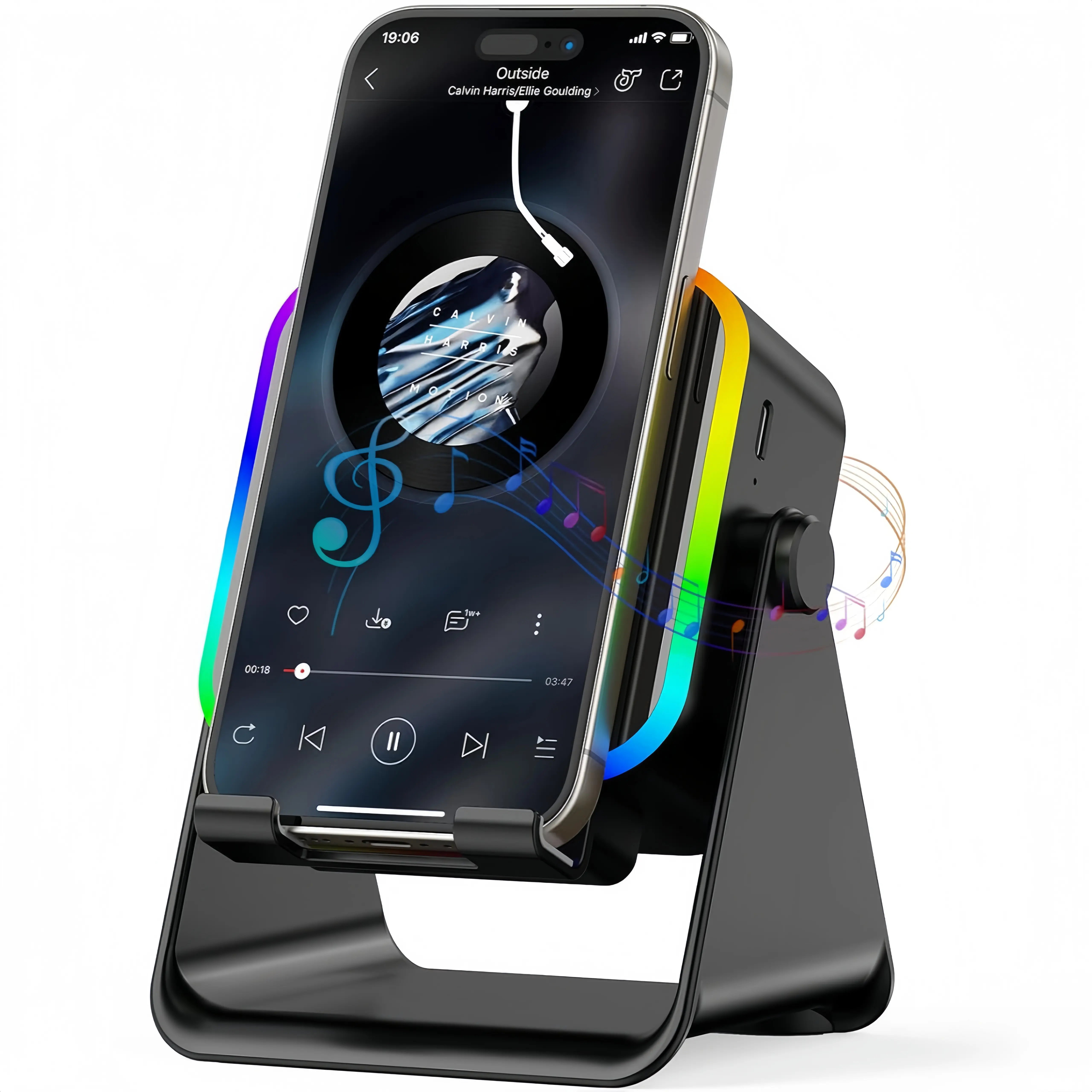 5-in-1 Wireless Induction Audio Speaker Stand for Devices, 3500mAh Rechargeable Emergency Power Bank, 360° Adjustable Cellphone & Tablet Holder with Colorful Ambient Light, Phone Holder