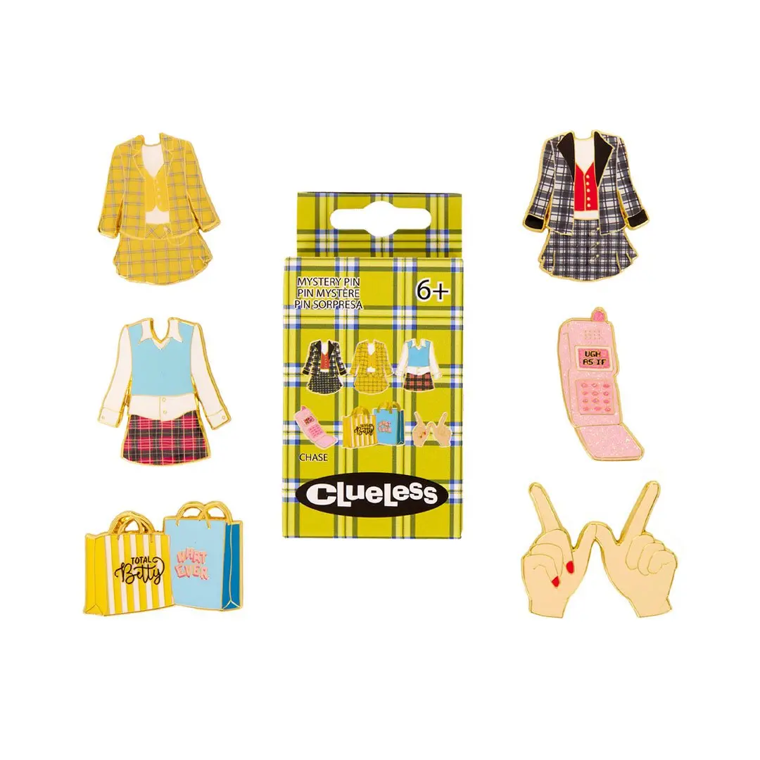 Loungefly Paramount Clueless 30th Anniversary Inspired Enamel Metal Mystery Box Pin - Unisex Collar Clip Brooch Fashion Accessory, Compatible with Shopping Bags, Cell Phones, Features Cher's Outfit, Dionne's Outfit, Hands Forming W Shape