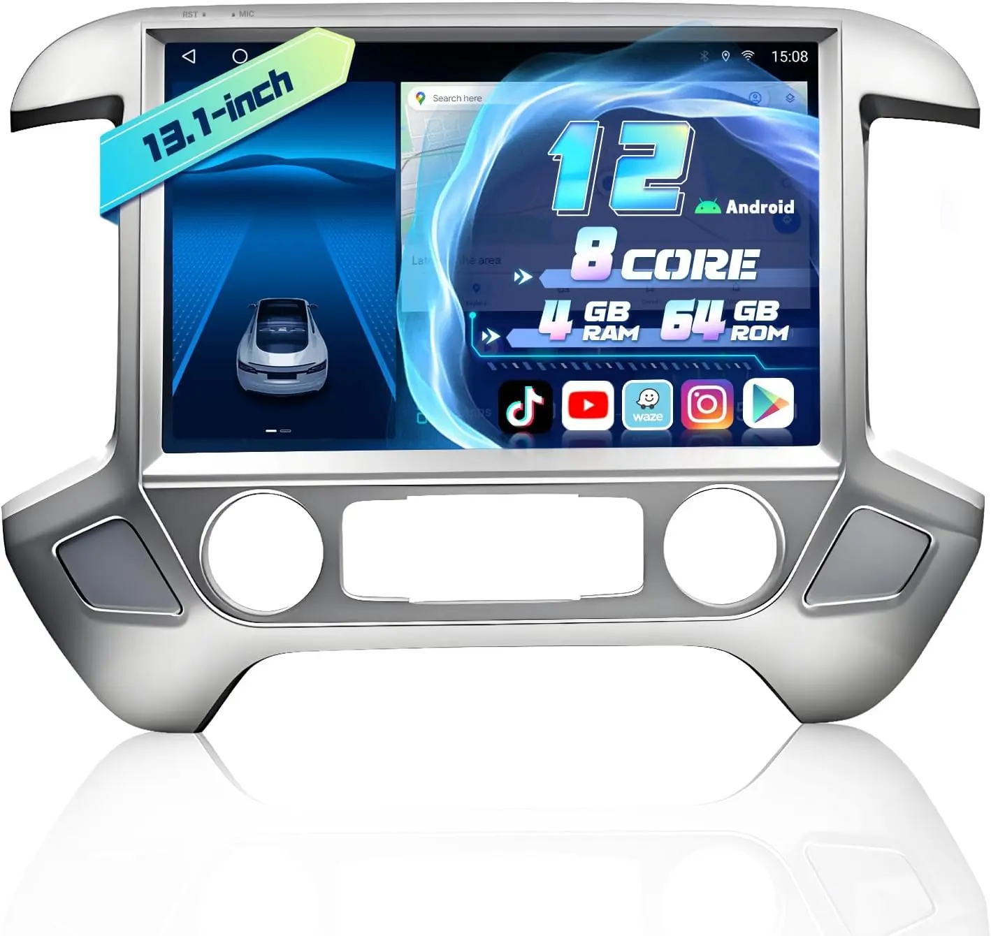 13.1 Inch 8Core 4+64G Car Radio for Chevy Silverado GMC Sierra 2014-2018 5Ghz WiFi 2K Screen Silverado Radio Wireless CarPlay Android Auto BT GPS 48EQ FM/RDS Backup Camera MIC,Silver