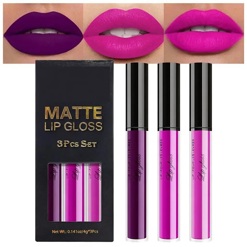 3Pcs Purple Hot Pink Fuchsia Red Matte Liquid Lipstick Lip Stain Sets for Women, Matte Lipstick Long Lasting Waterproof Permanent 24 Hours original, Lip Sticks Pack for Halloween Daily Makeup