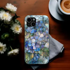 Blue Hydrangea Stained Glass Floral Phone Case. Case for IP 11 12 13 14 15 16 17 Pro, Plus, Promax, S21,22,23,24,25 Ultra, Tough Case, Magsafe Case
