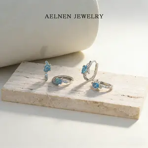 AELNEN Turtle & Teardrop Blue Enamel Huggie Earrings - S925 Sterling Silver Aquatic-Themed Dangle Huggies - Crystal Accent Beachy Jewelry