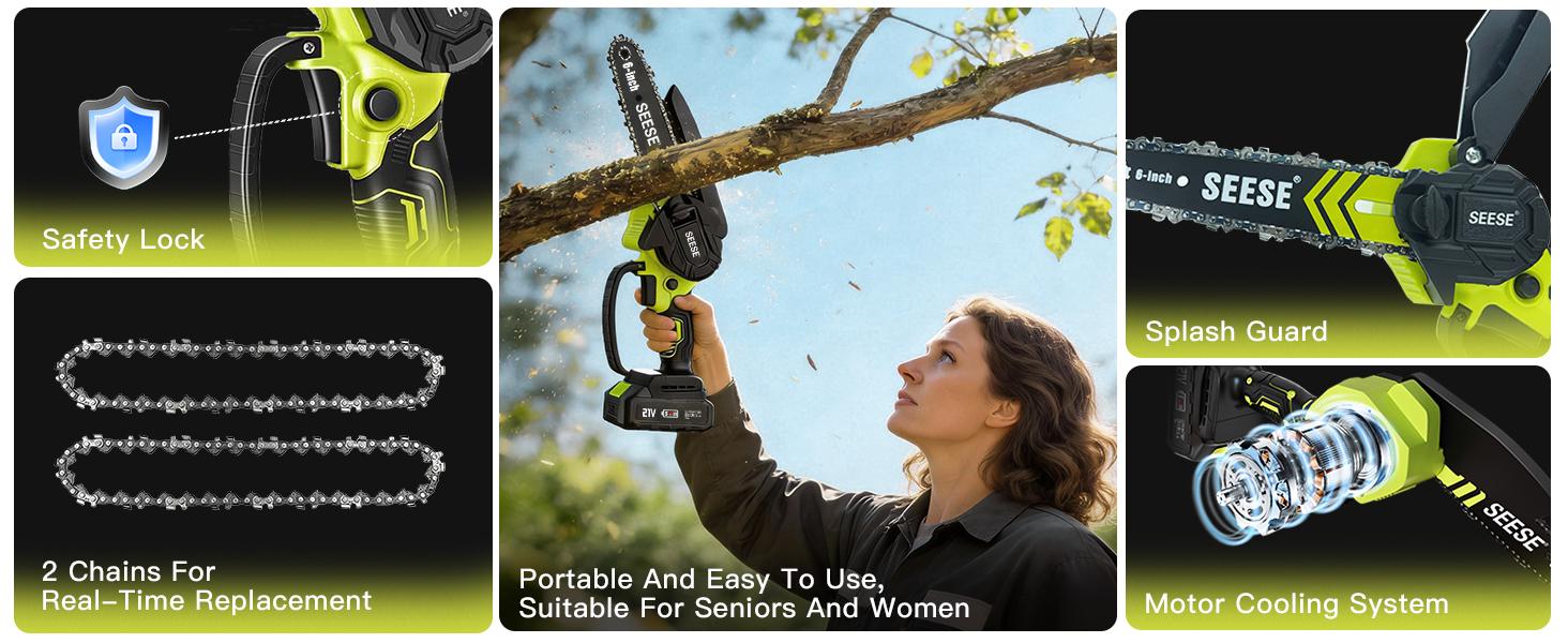 SEESE Cordless Brushless Mini Chainsaw (2000mAh) – Lightweight Portable Electric Saw for Pruning, Wood Cutting, Gardening, and Camping – Suitable for Women and Seniors
