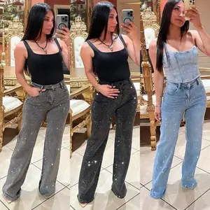 Anabel Rhinestone Wide Leg Jeans（gift） Casual Fit