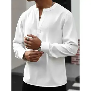 Men's Casual Long Sleeve V-Neck Solid White Shirt - Lightweight, Easy to Care, Loose Fit, Suitable for Casual Wear
