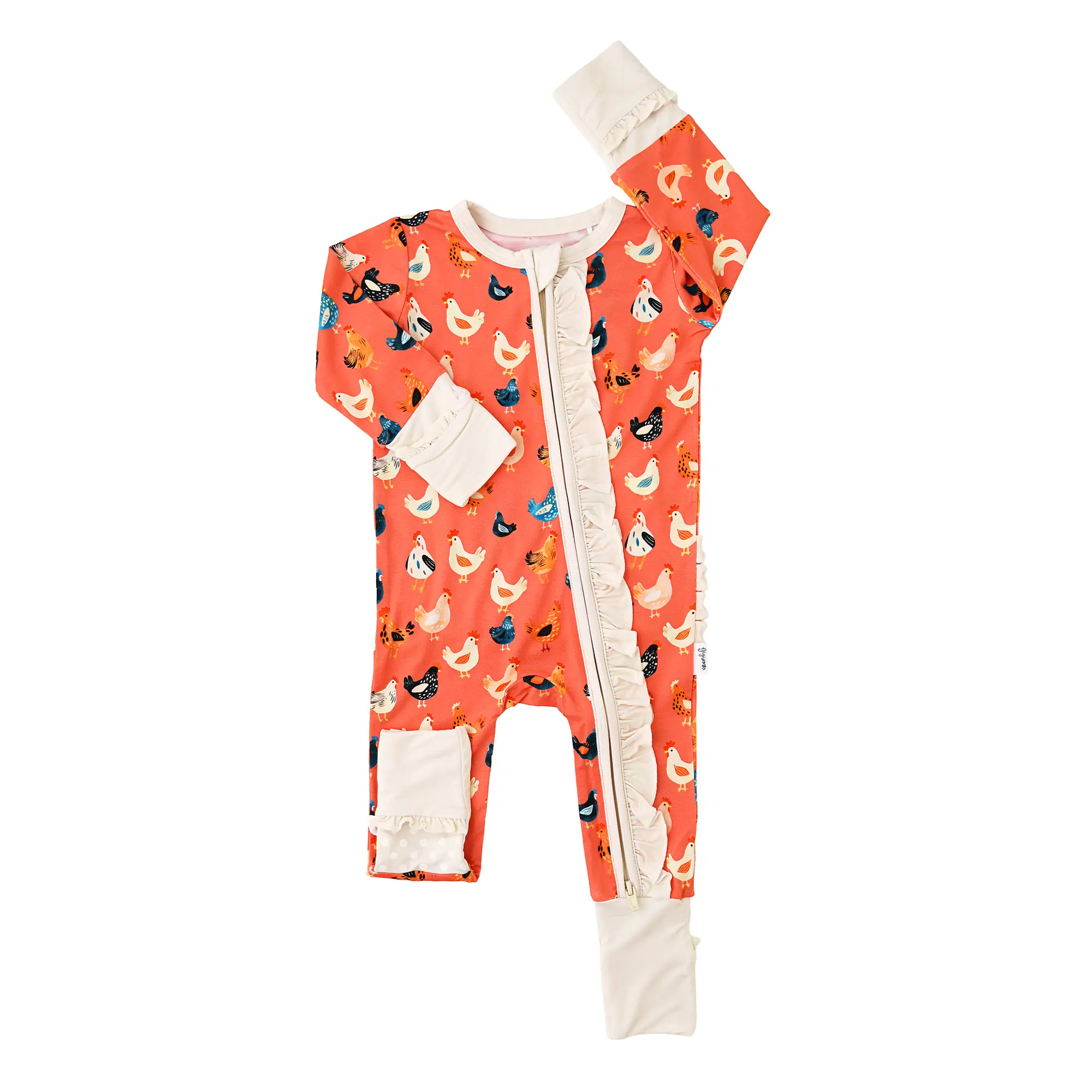 Penny Chickens RUFFLE ZIP Super Soft Bamboo Viscose Baby Romper with 2-Way Zipper for Easy Diaper Changes & Mitten Cuffs for Comfort