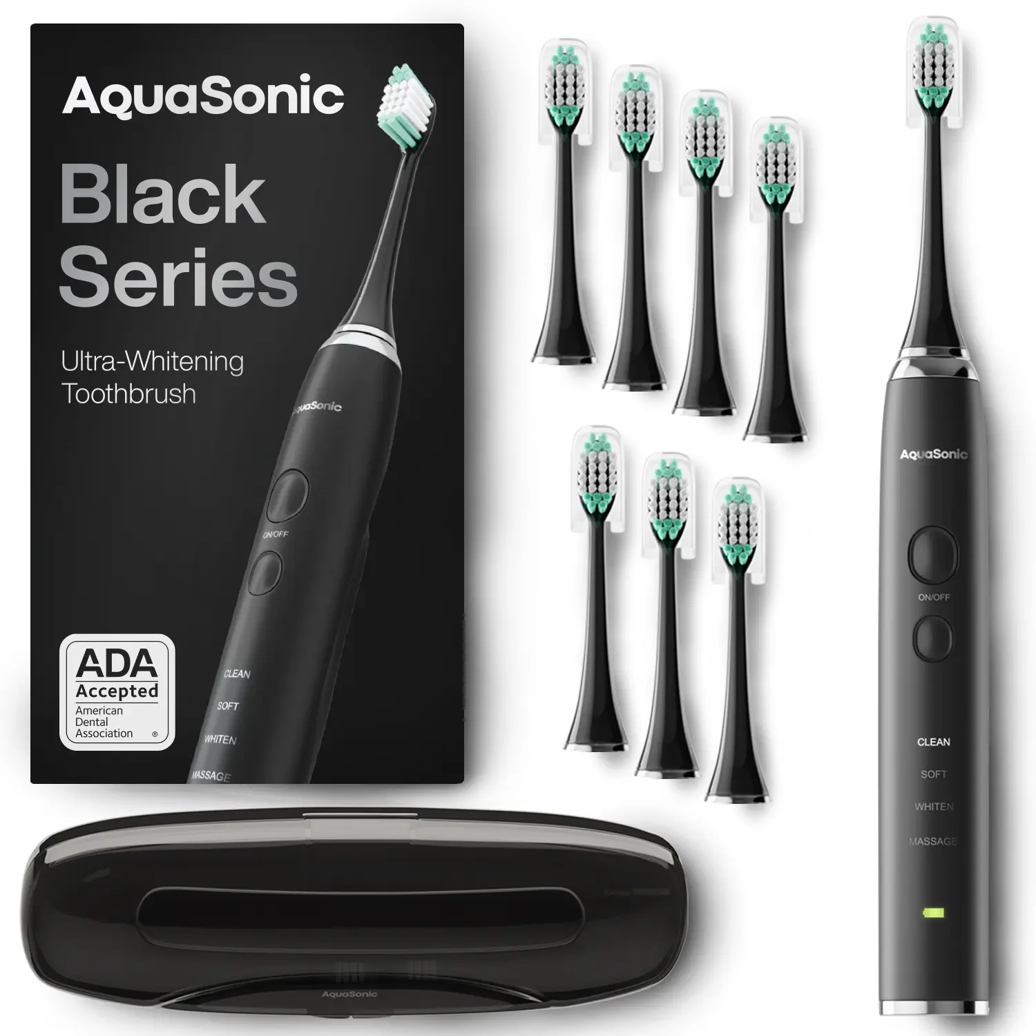 Black Series Sonic Whitening Toothbrush with 8 Brush Heads and Smart Vibration Timers - Handle, Waterproof toothbrush Rechargeable Electric | AquaSonic