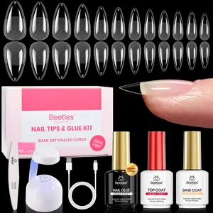 Beetles Gel Nail Kit Etch-X, 288pcs 12 Sizes Nail Tips, 3Pcs 15ml HEMA-Free Nail Glue Top Coat & Base Gel Set, Long Lasting Extension DIY Set at Home
