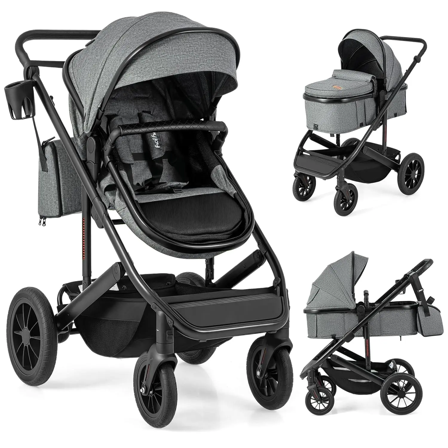 Costzon 2-in-1 Convertible Baby Stroller - High Landscape, Portable Bassinet Mode, Reversible Pram Seat, Adjustable Canopy, Cup Holder, Diaper Bag, Lightweight Folding Traveling Stroller (Mother's Day Gift for Toddlers)