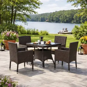 【2 Packages Delivery】Yaheetech 5-Piece Outdoor Rattan Furniture Set 4 Dining Chairs & Tempered Glass Garden Dining Table with Umbrella Hole For Patio, Garden, Backyard, Brown/Beige,