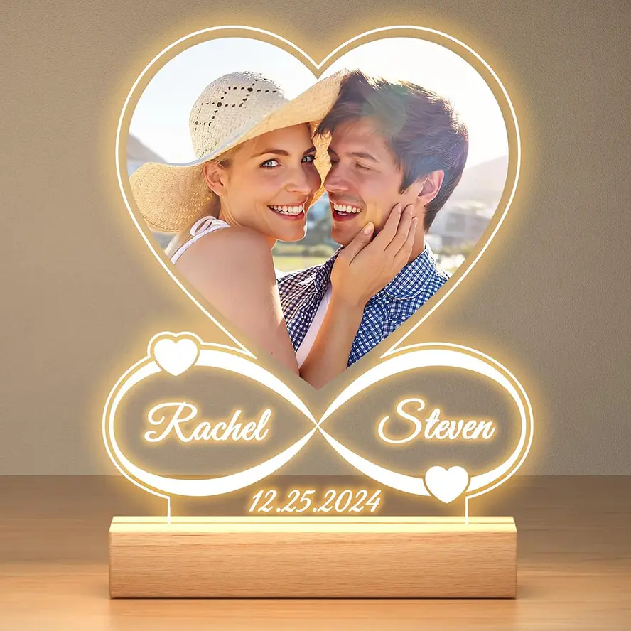 Personalized Anniversary Couple Gifts for Women Men Custom Picture Frame Acrylic Love Heart Photo Plaque Night Light Christmas Birthday Gifts for Him Valentine's Day Gifts For Boyfriend Shaped Acrylic Decor Block Acrylic Decorative Plaque
