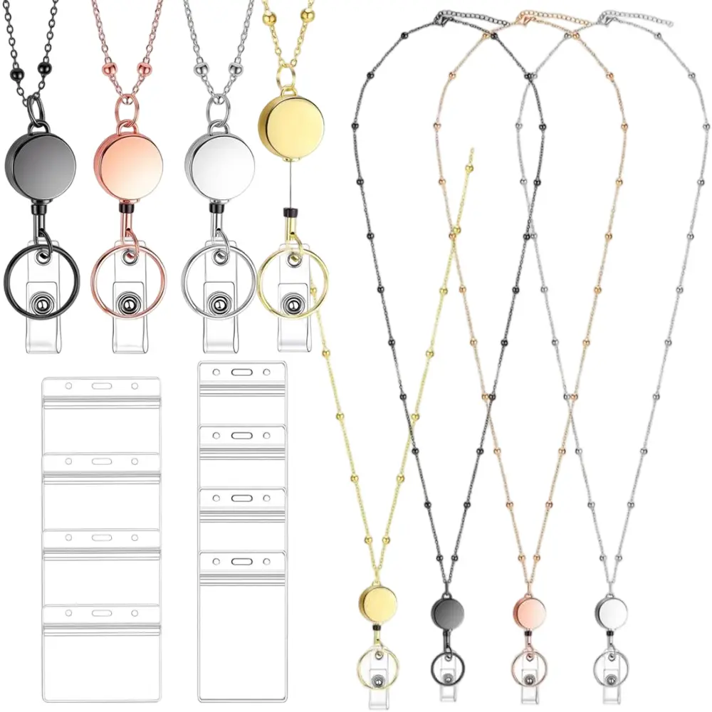 4-Pack Metallic Stainless Steel Beaded Lanyards Kit - 33.5" Long Clip-On Retractable Reels, 8-Pc Waterproof Vertical & Horizontal ID Card Holders (for Automotive & Motorcycle Repair Assembly/Disassembly Tools Use), Lanyard, Vertical/Horiz.