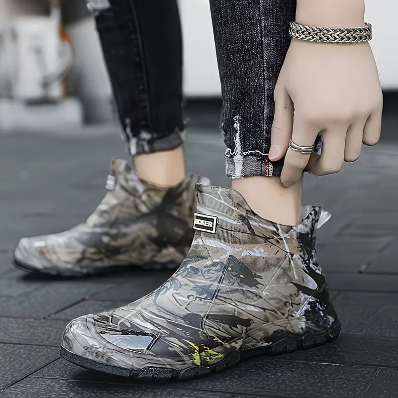 Men's Unisex Camouflage Waterproof Rain Boots - Durable, Slip-Resistant Short Ankle Shoe with Reinforced Rubber Sole, Pull Tab, Orthotic Closed-Toe for Outdoor Work, Fishing