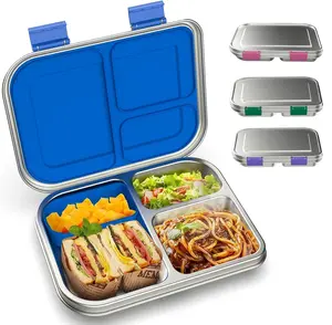 PAWTONG Stainless Steel Kids Leak-Resistant Bento Lunch Box, 3-Compartments with Silicone Container, Dishwasher-Safe, Child-Friendly Design for School, Picnics & Travel,BPA-Free
