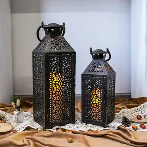 Set of 2 Vintage Decorative Candle Lanterns 19"&14''H Halloween Metal Candle Holders with Hollow Pattern for Garden Porch Shelf Indoor Outdoor Parties Weddings Patio(Black Brushed Gold)