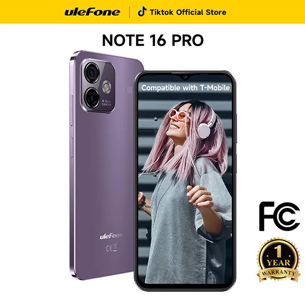 Ulefone Note 16 Pro Unlocked Smartphone, Android 14, 12GB+128GB/16GB+512GB, T-Mobile Compatible, 8-Core Processor, 6.52in FHD Display, 50MP Main Camera, 8MP Front Camera, 4400mAh Battery, Dual Sim 4G LTE, Splash Proof, Fingerprint-Face-NFC Features