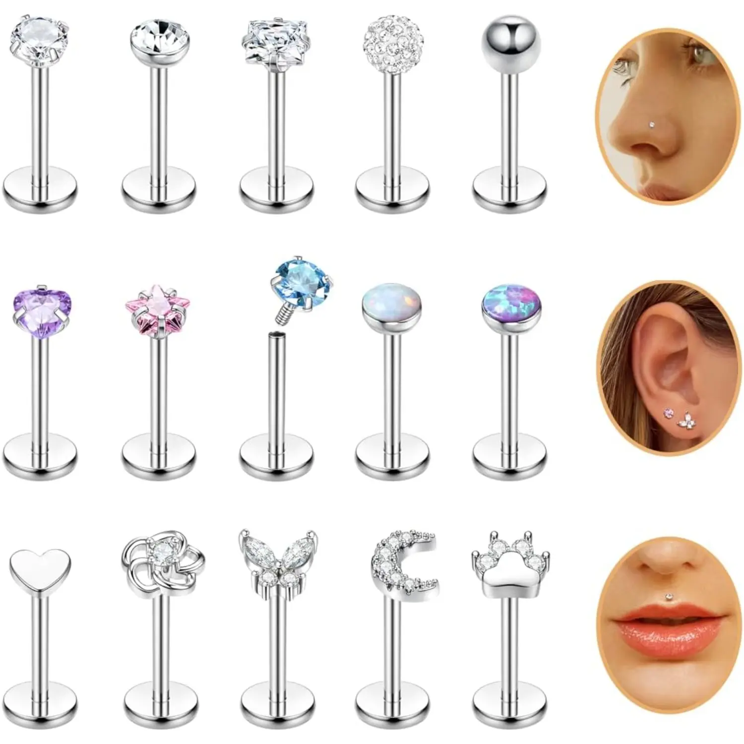 15-Piece Women's Nose Piercing Jewelry Set, Stainless Steel Cubic Zirconia & Opal, 16G/18G Internally Threaded Flat Back Studs, Labret Lip & Cartilage Accessories, Lip Rings, Everyday
