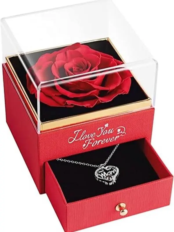 Rose Flower Box with Necklace Gift – Preserved Artificial Roses for Mother’s Day, Birthday, Anniversary – Personalized Gift for Girlfriend & Mom