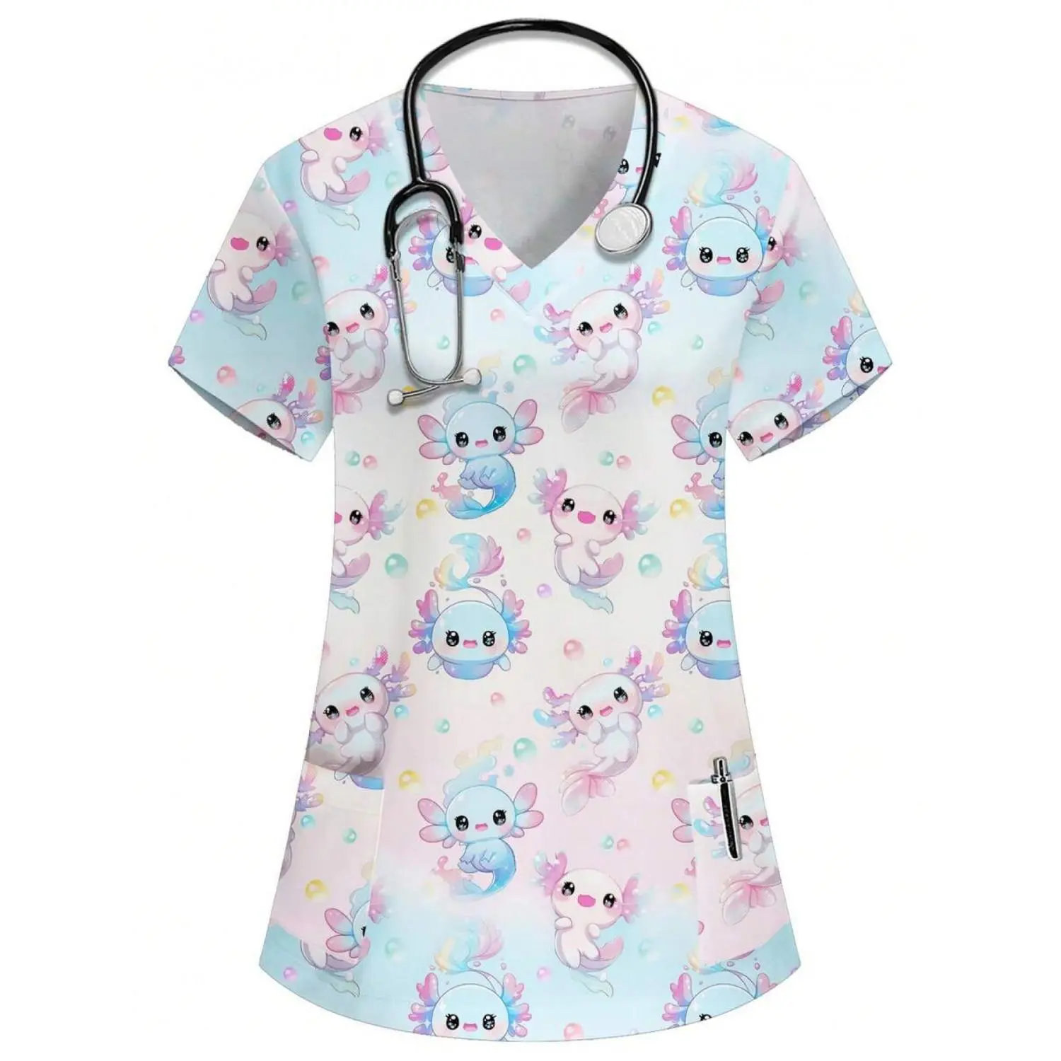 Plus Size Women’s V-Neck Short Sleeve Adorable Cow Print Scrub Top with Multiple Pockets, Ideal for Nurses, Doctors, Pet Grooming, Nutritionists & Lab Work – Fun Graphic Print T-Shirt for Everyday & Festive Occasions
