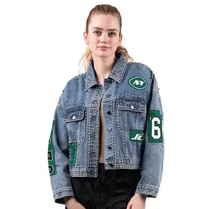 Football Fan Shop Officially Licensed NFL G34Her By Carl Banks Game Ball Denim Jacket - Jets