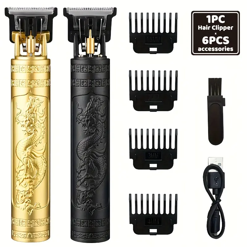 Men's Electric Hair Clipper - ABS+Ceramic Blade, Dragon Etching Tough Style, Black Matte Anti-Slip Handle, Powerful Silent Motor, 6-Step Guide Comb, 2H Working Time, Fast Charging, Youth & Travel Grooming Hair Cutting Machine, Father’s Day Gift