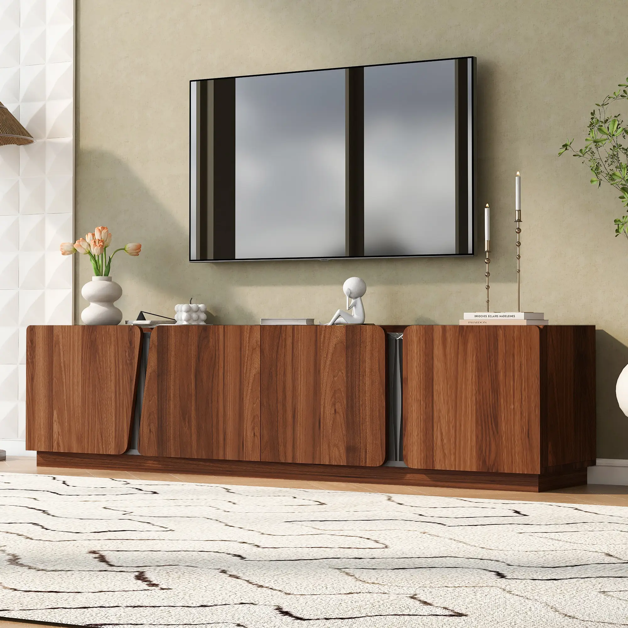 Mid-Century Classic Wood Finish TV Stand Storage Cabinet - Rectangular Form, Marble Top, Adjustable Shelf, Door Design, 75" TV Support, for Living Room, Bedroom Indoor Furniture Entertainment Center medium console