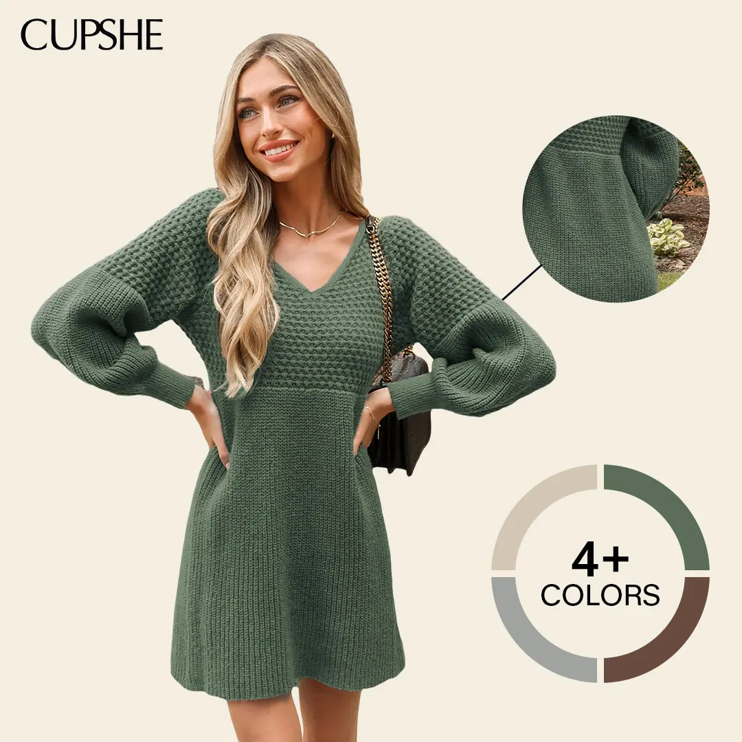 CUPSHE TikTokShop Honeycomb Textured Knit Mini Dress ,Elegant V-Neck Long Sleeve Sweater Dress ,Soft Girl Aesthetic Early Autumn Pullover Dress for Date Night Basic Casual