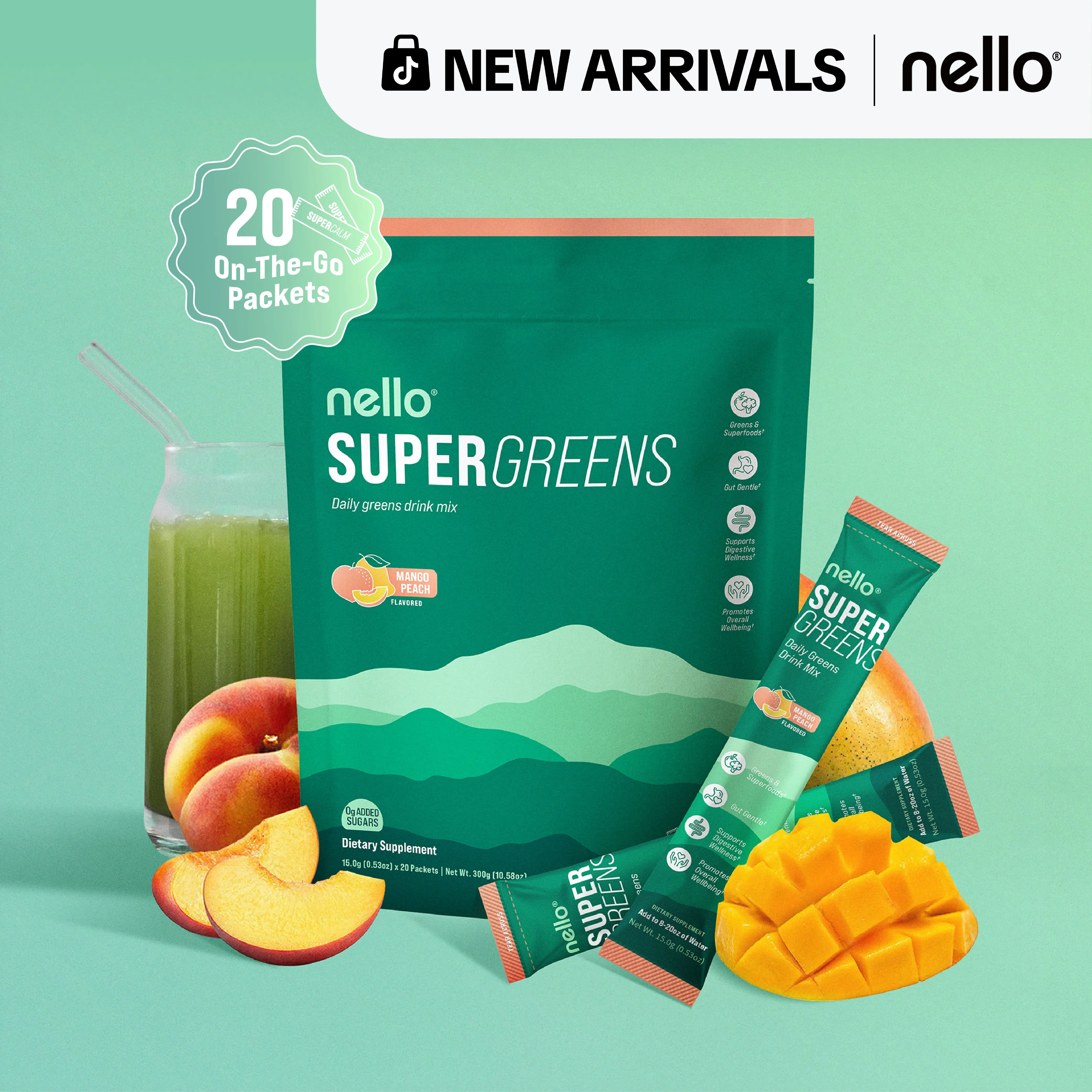 Nello Supergreens Premium Superfood Greens Drink Mix w/Chlorella, Moringa, Spinach & Broccoli + Digestive Enzymes & Probiotic Blend -Nutrient-Packed Powder Wellness