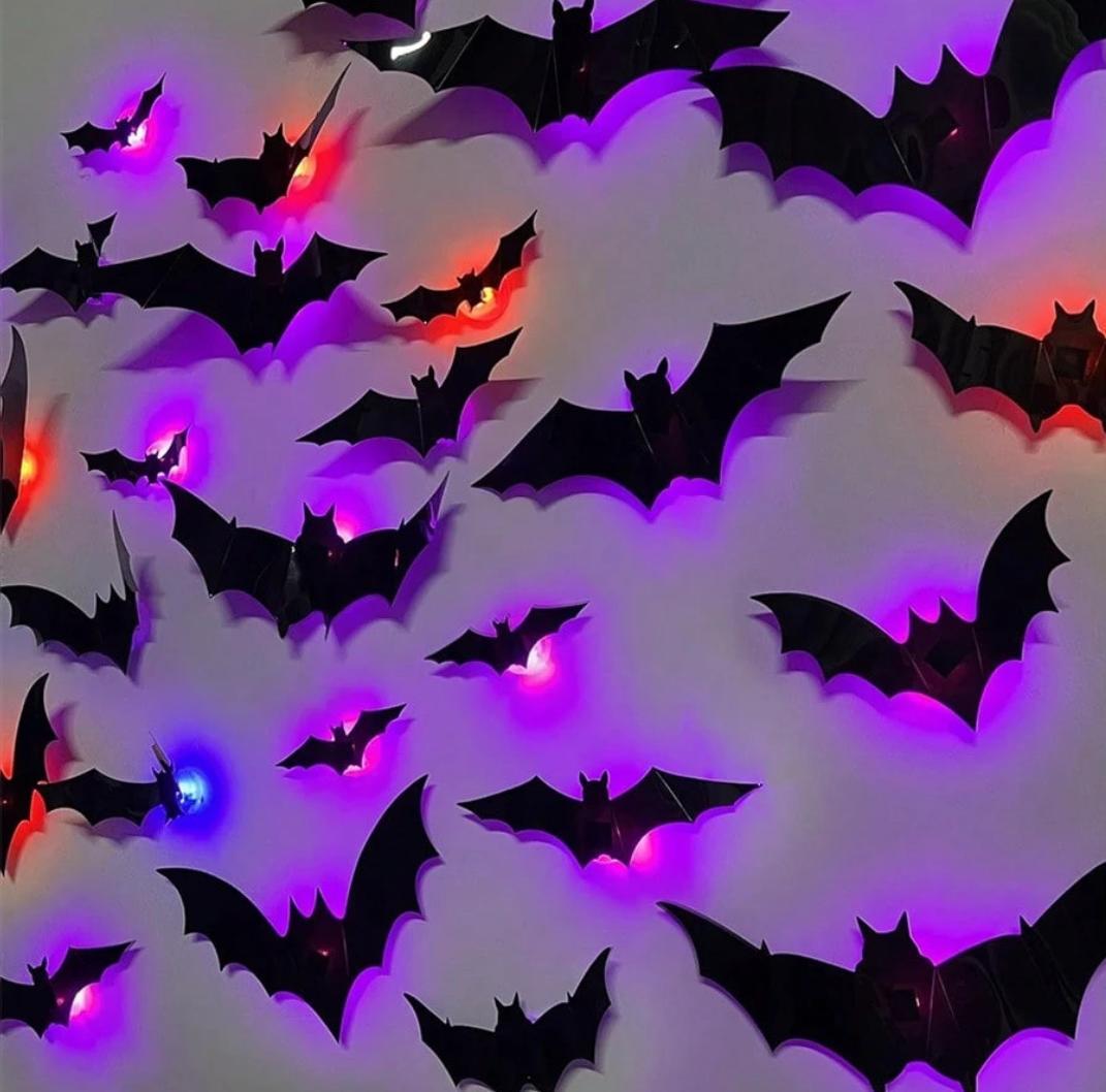 BougeRV 3D Bat Design LED Decorations 12pcs/24pcs Set Spooky Ornaments for Home Party Festival Halloween Easy Install Wall Stickers Smooth Application - Decorative（Non-remote）