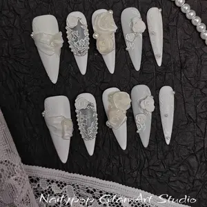 Nailypop Signature Collection Bridal Nails Reusable 100% Handmade Press On Nails Satin Texture Matte Trendy Nails Bridal 2026 Toolkit Included Elegant Chic Nail Decals Set white gradient