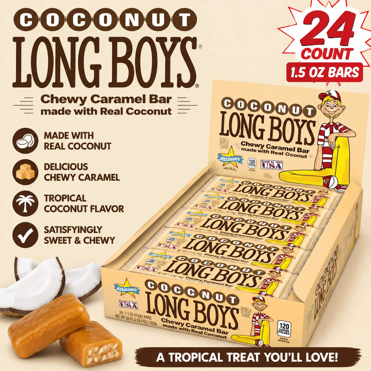 Atkinson's Long Boys Coconut Candy Bars 1.5 oz 24 Count  Classic Coconut Chewy Candy | Individually Wrapped Retro Treats