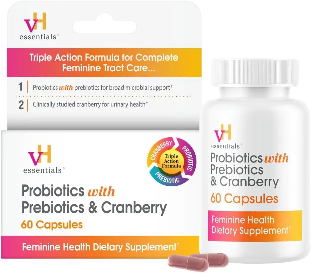 vH Essentials Women's Edible Natural Clinically Tested Dietary Supplement - Probiotics with Prebiotics, Cranberry, Vitamin C, UTI Support Blend, Urinary Aid - 60 Capsules for Adults' Gut Balance, Brain Health