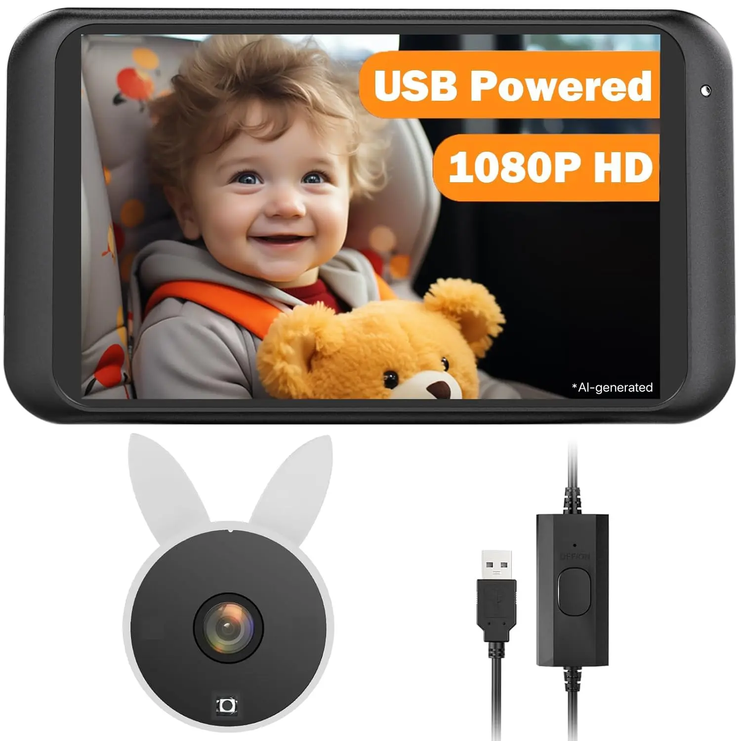 Babyvue Baby Car Camera Backseat Monitor USB Power  HD 1080P Wide Angle Lens, Clear Night Vision, 360° Rotating Rear Facing Car Seat Camera forInfants Toddlers