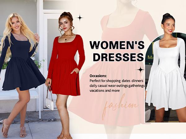 OYS Women's Casual Long Sleeve Square Neck Back Belt A Line Ruffle Hem Mini Dress with Pockets