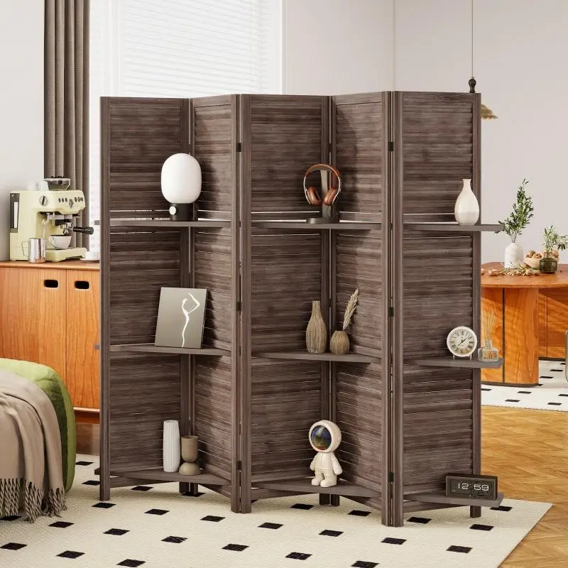 67" Tall 5-Panel Wood Room Divider Privacy Screen with 3 Storage Shelves, Freestanding Folding Partition for Bedroom, Living Room, Walnut Shelf for Books, Plants, Decor