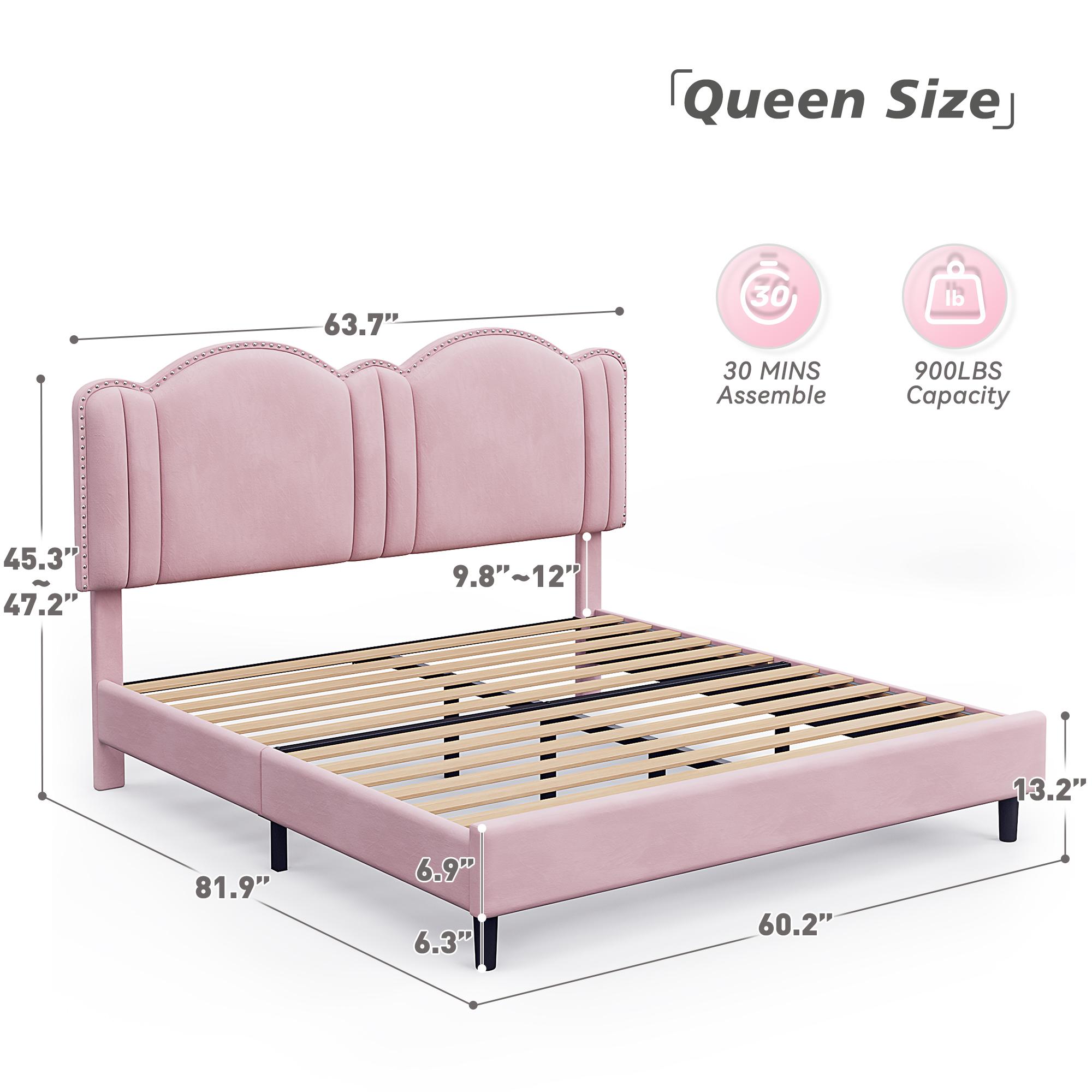 Raybee Furniture Pricess Bed Frame with Led Light, Elegant bed Frame with Headboard Adjustable, Upholstered Bed Frame, No Box Spring Needed
