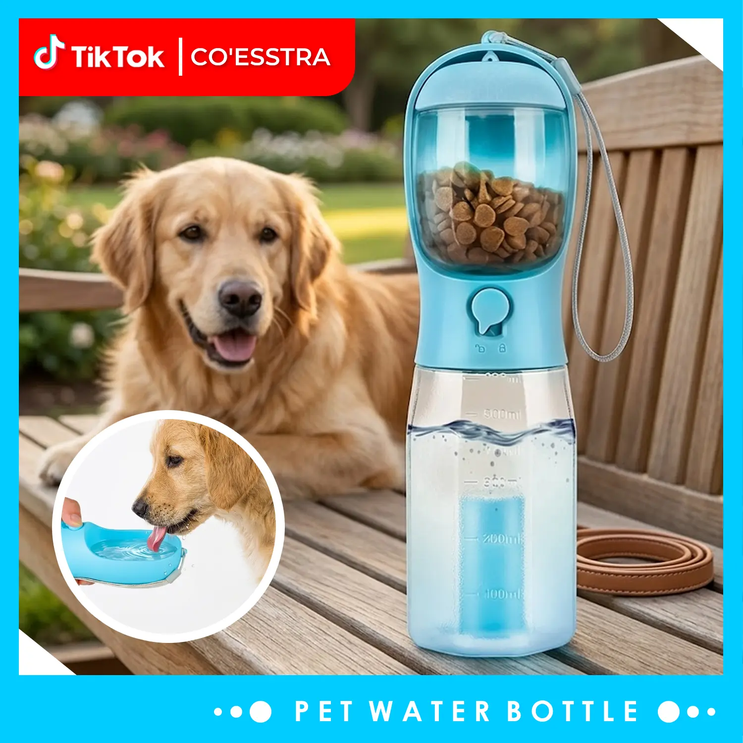 3in1 Pet Water Bottle - 20oz BPA-Free Lock Seal Spill-Proof Single Unit with Built-in Filtration, Food Storage, Poop Bag Ready, Sealed Bags Help Keep Mess Contained, Easy-to-Use Dog Feeding Supplies for Travel, Hiking