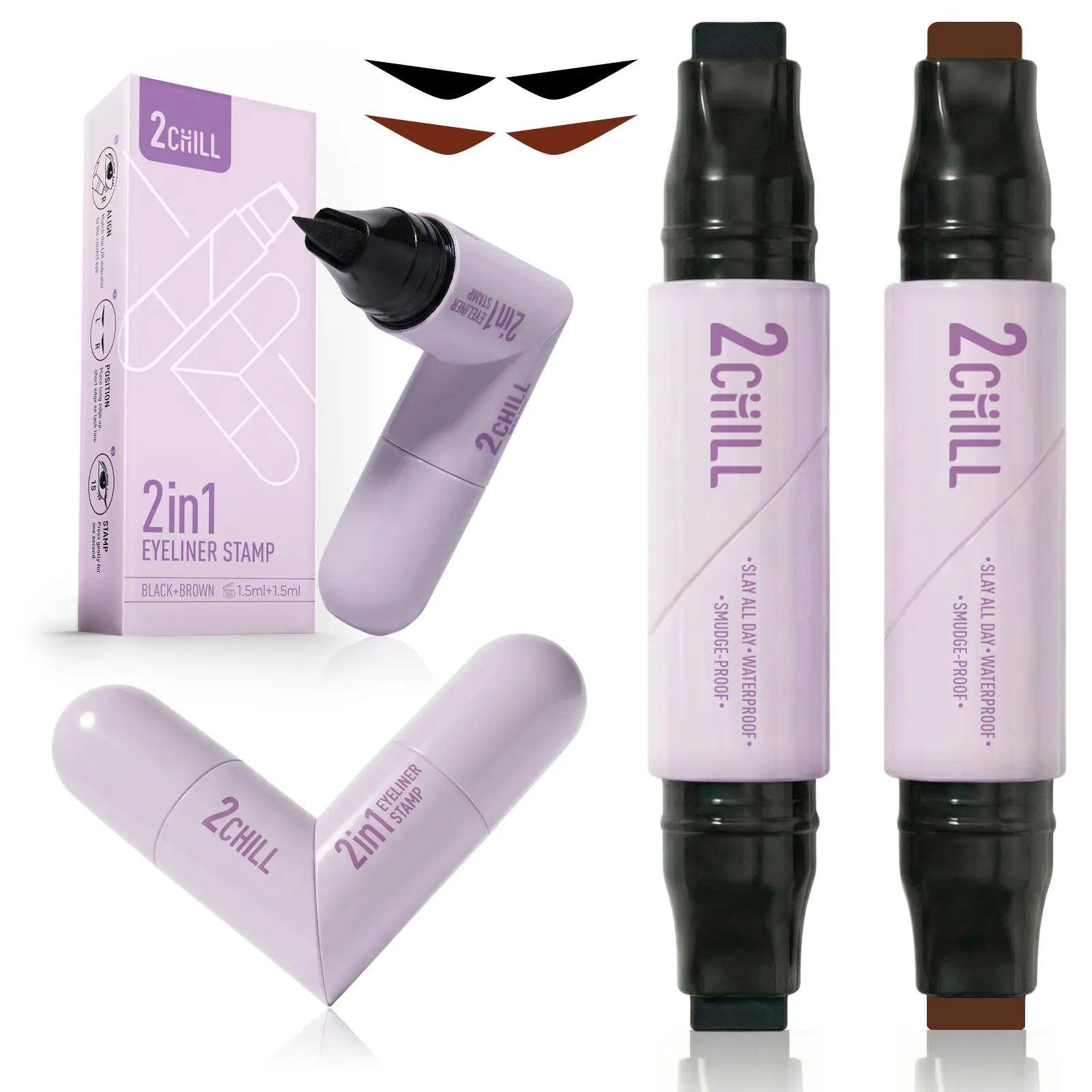 Dual Ended Wing Eyeliner Stamp 2 Pack with Rotatable Handle, Waterproof Smudge-Proof Liquid Liner, Black & Brown Shades, Effortless Perfect Cat Eye Makeup