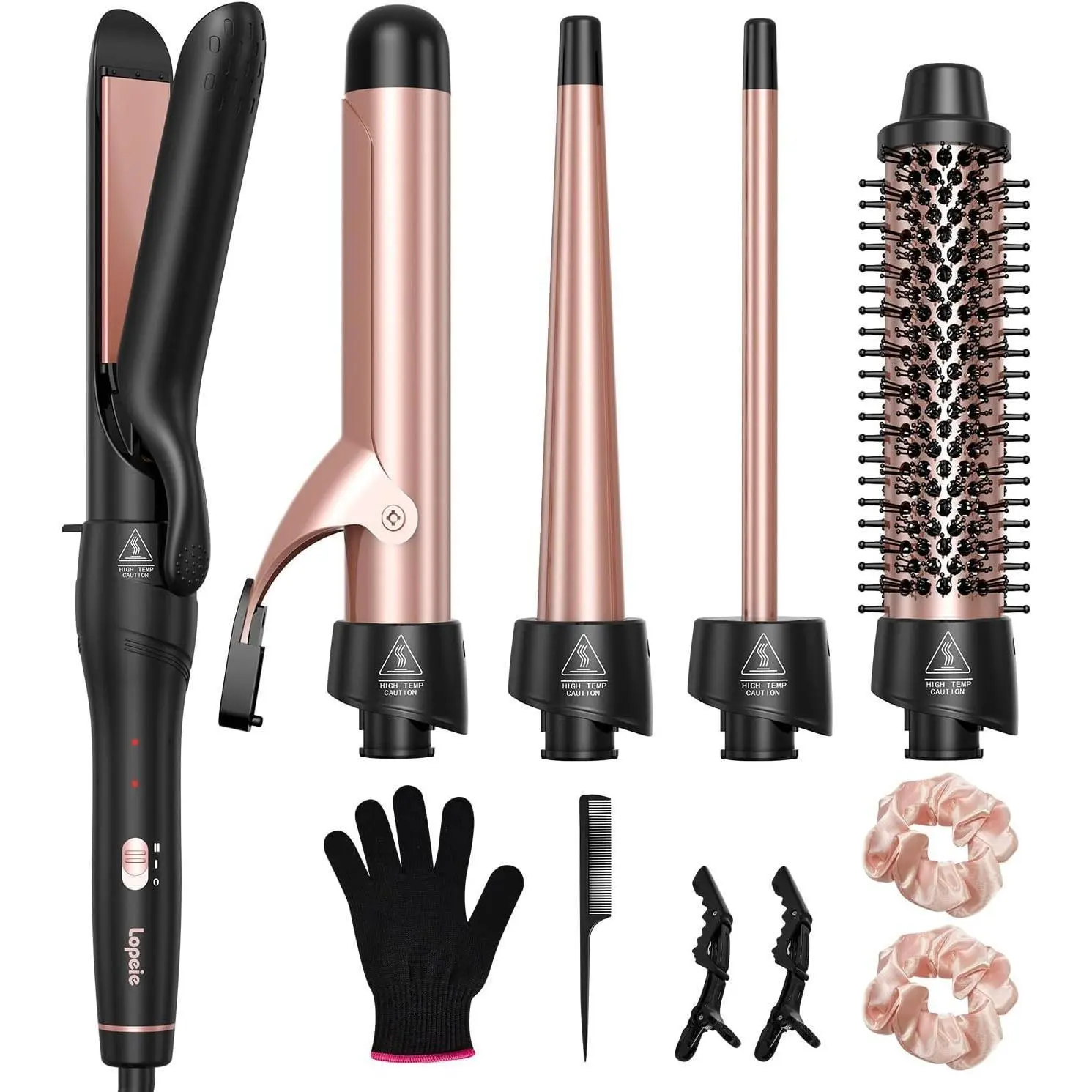Women's 5-in-1 Curly Hair Brush & Curling Iron Set - Camp Kitchen Gift for Camping & Hiking, 4 Multi-Size 0.5-1.5 in Ceramic Barrels, Thermal Brush, Straightening Function, Fast Heating, Dual Voltage